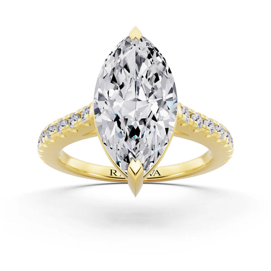 18 KT Yellow Gold Marquise Cut Diamond Claw Prong Solitaire Ring with French Pave Band - front view