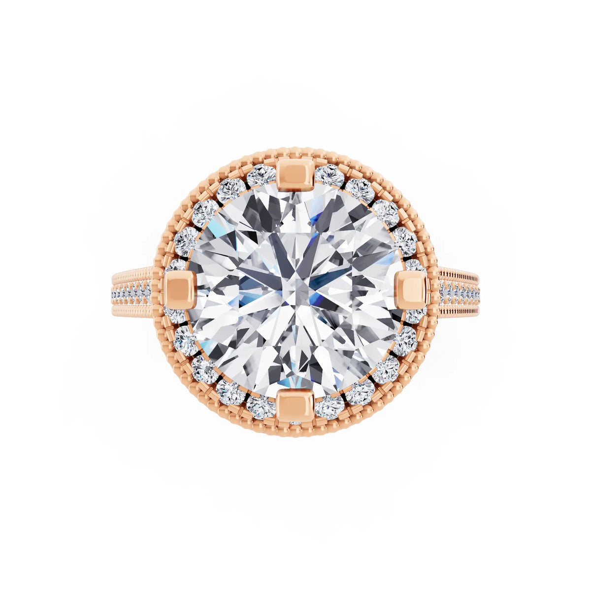 18 KT Rose Gold Round Cut Diamond Vintage Halo Ring with Milgrain Band - Top down