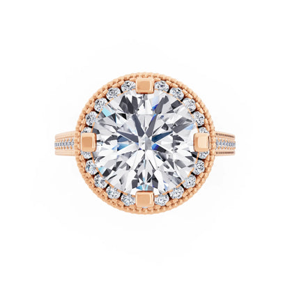 18 KT Rose Gold Round Cut Diamond Vintage Halo Ring with Milgrain Band - Top down