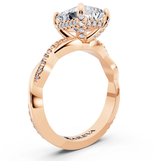 18 KT Rose Gold Radiant Cut Diamond Hidden Halo Ring with Twisted Pave Band - top view