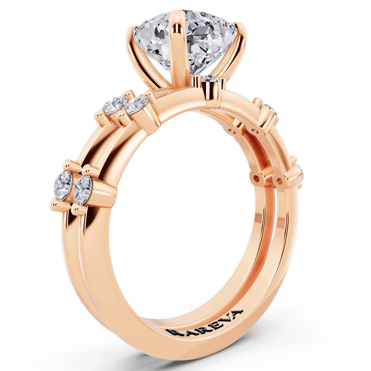 14 KT Rose Gold Cushion Cut Diamond Ring with Floating Accent Band - top view