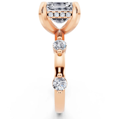 18 KT Rose Gold Asscher Cut Diamond Solitaire Ring with Floating Diamond Accents - side view