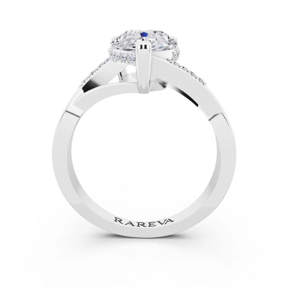18 KT White Gold Pear Cut Diamond Split Shank Engagement Ring with Hidden Halo - through finger