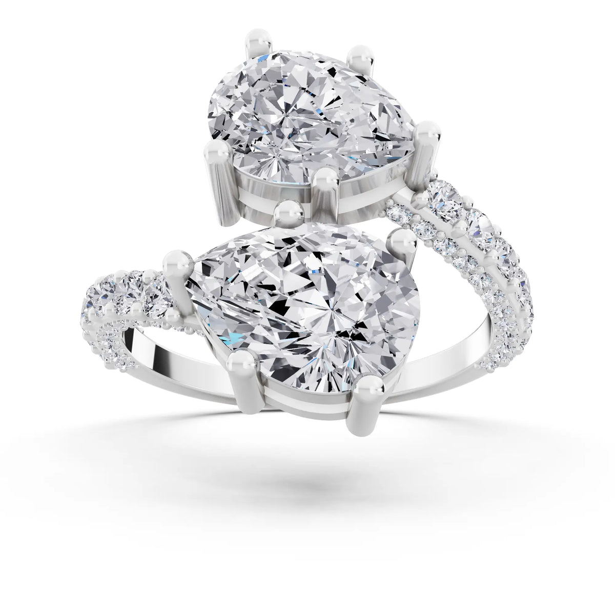 18 KT White Gold Pear Cut Diamond Two Stone Ring with Pave Band - Front