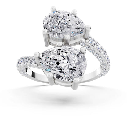 18 KT White Gold Pear Cut Diamond Two Stone Ring with Pave Band - Front