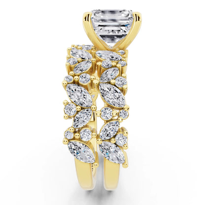 14 KT Yellow Gold Asscher Cut Diamond Ring with Marquise Cluster Band - side view