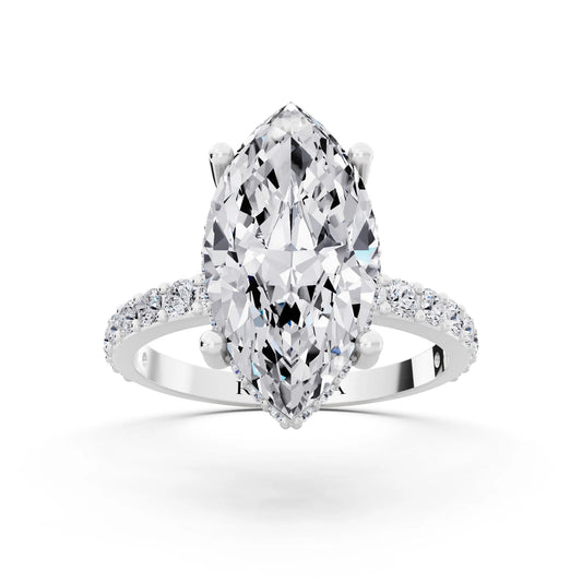 14 KT White Gold Marquise Cut Diamond Solitaire Ring with Hidden Halo and Pave Band - front view
