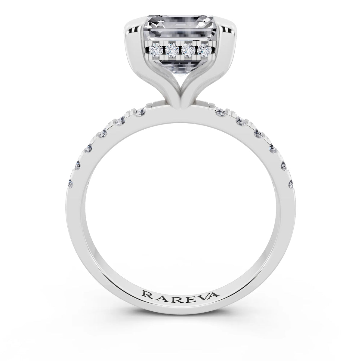 18 KT White Gold Asscher Cut Diamond Solitaire Ring with Round Pavé Band and Prong Setting - through finger