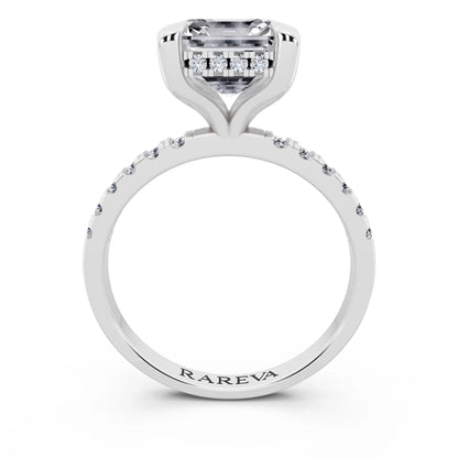 18 KT White Gold Asscher Cut Diamond Solitaire Ring with Round Pavé Band and Prong Setting - through finger