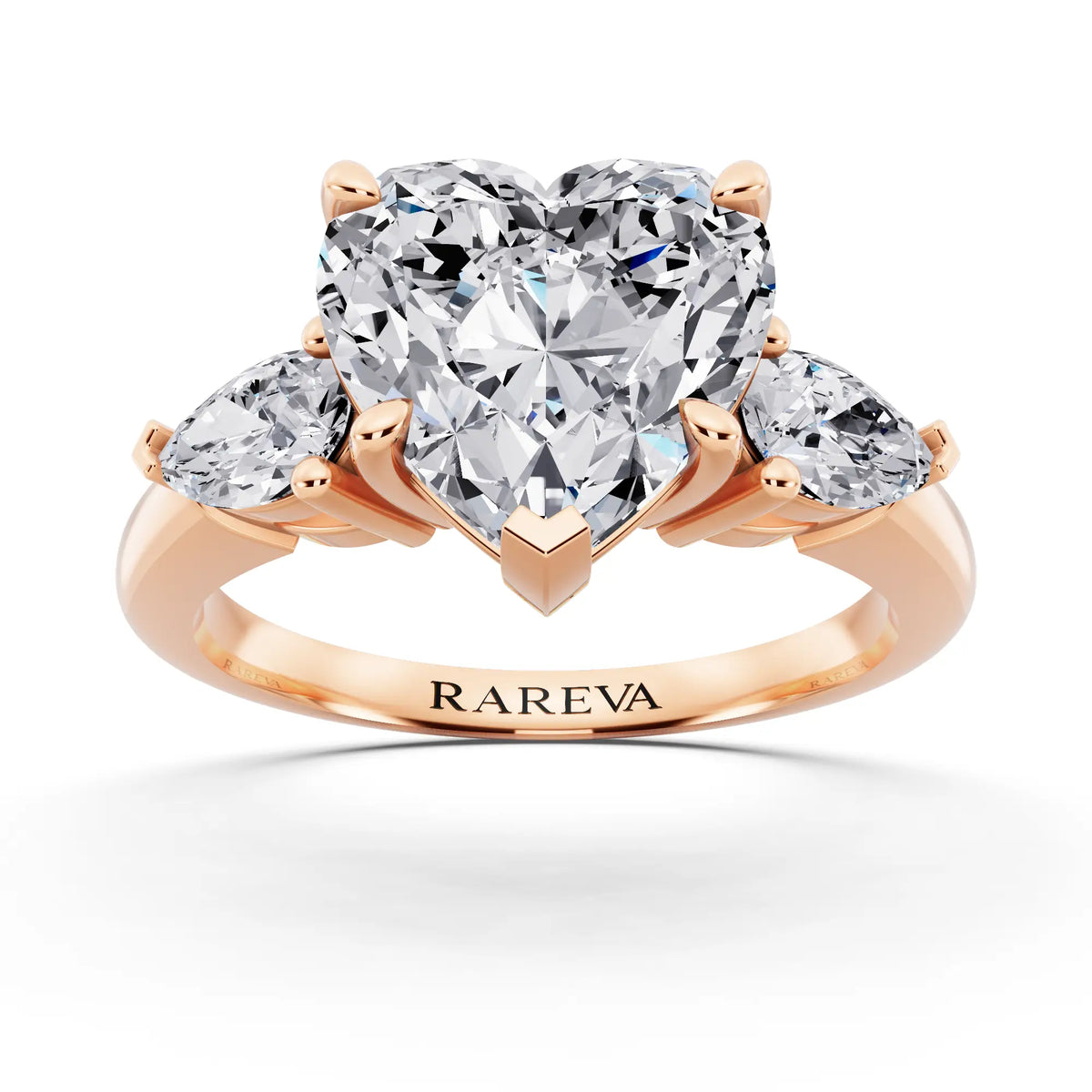 14 KT Rose Gold Heart Cut Diamond Three Stone Pear Accent Ring - front view
