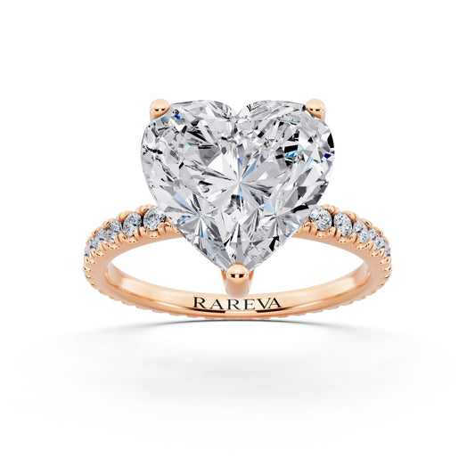18 KT Rose Gold Heart Cut Diamond Solitaire Ring with Pave Eternity Band - front view