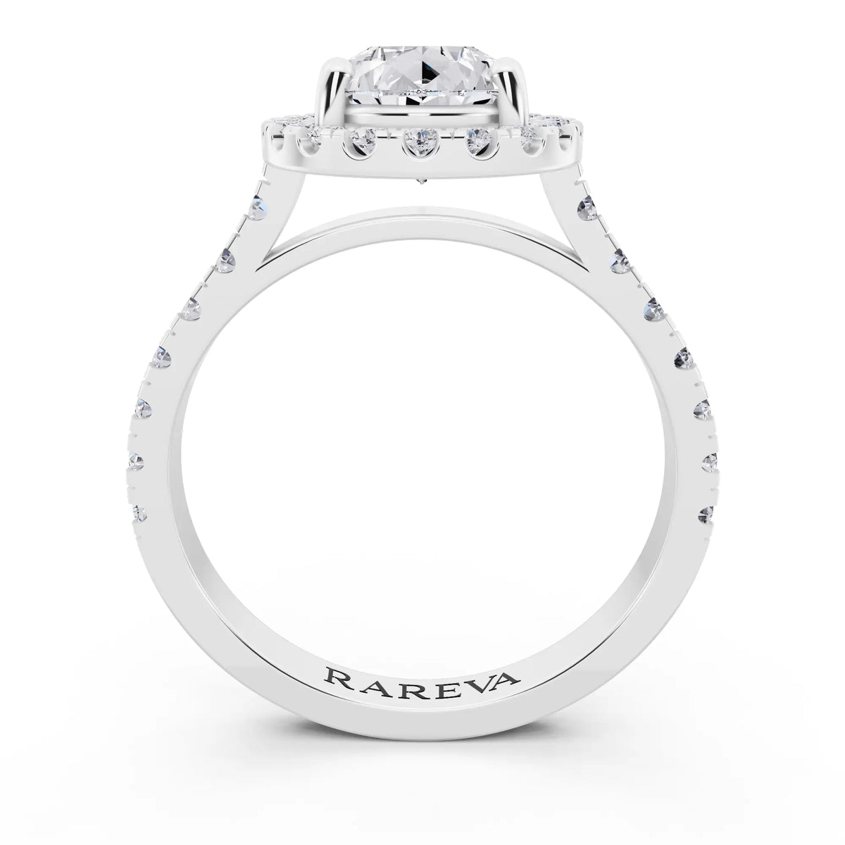 18 KT White Gold Pear Cut Diamond Halo Ring with Pave Band - Through