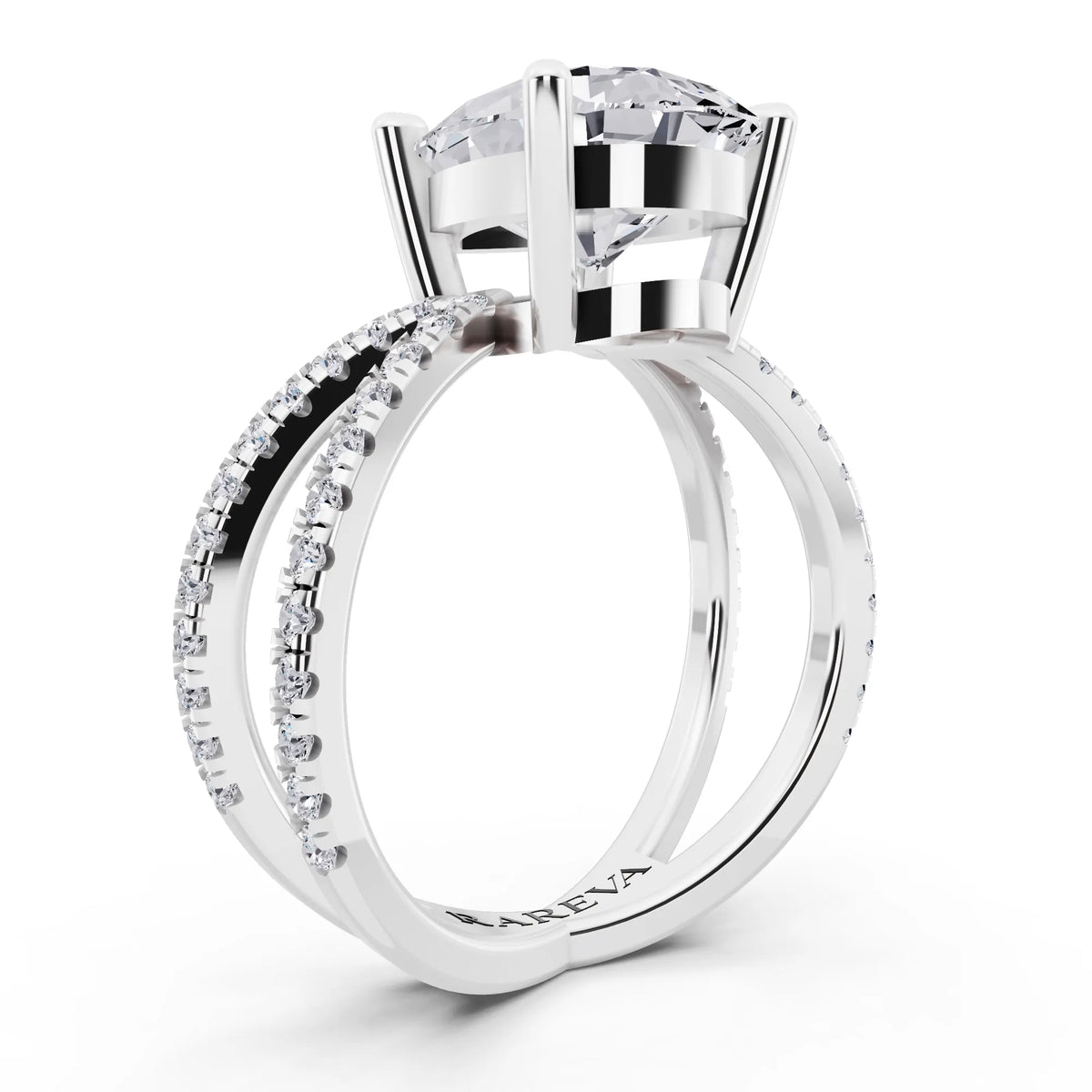 Platinum Pear Cut Diamond Ring with Twisted Split Shank - top view