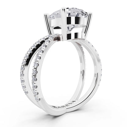 Platinum Pear Cut Diamond Ring with Twisted Split Shank - top view