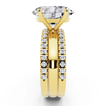 18 KT Yellow Gold Oval Cut Diamond Solitaire Twin Pave Band Stack Ring - side view
