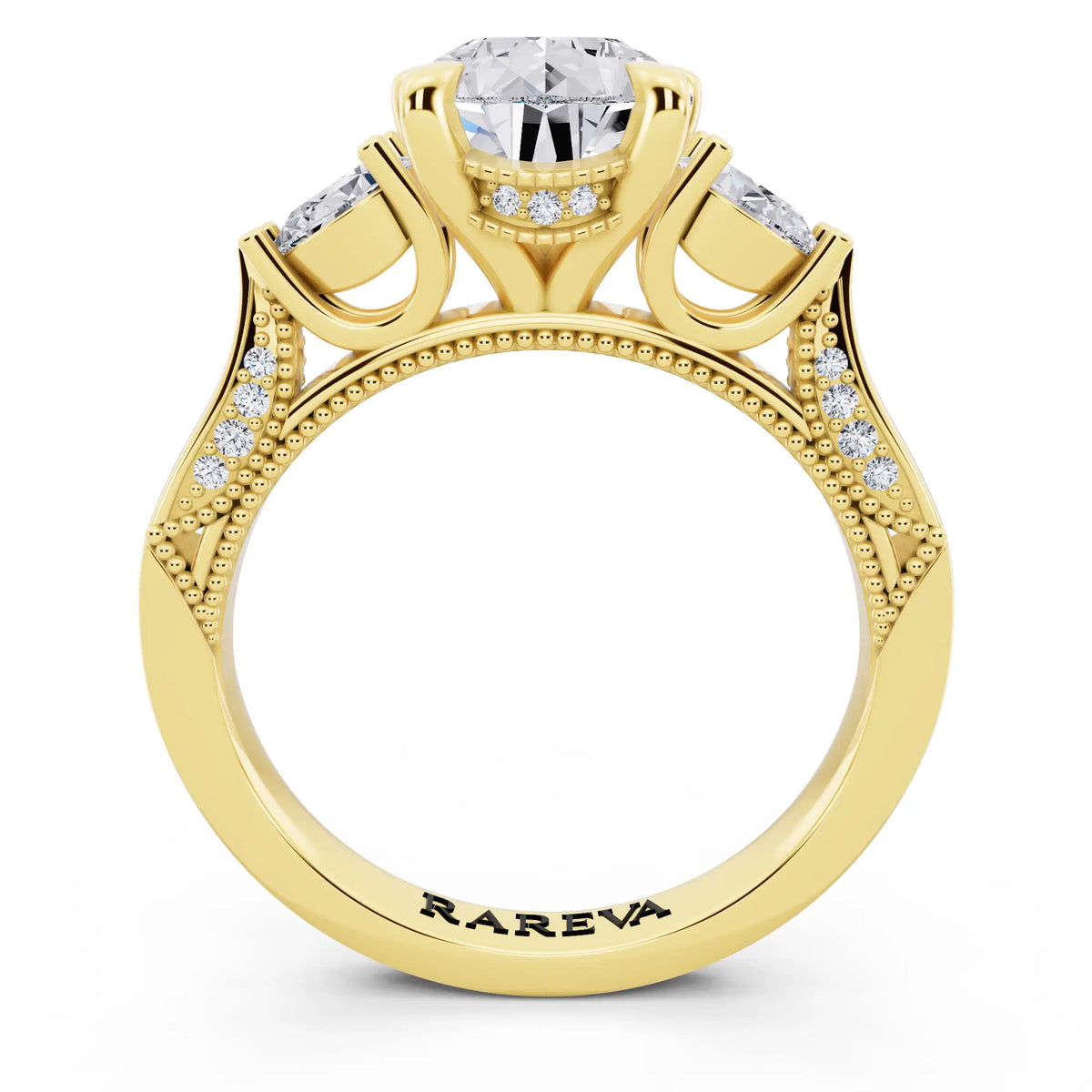 18 KT Yellow Gold Pear Cut Diamond Three Stone Pear Accent Vintage Pave Ring - through finger