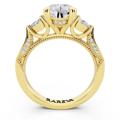 18 KT Yellow Gold Pear Cut Diamond Three Stone Pear Accent Vintage Pave Ring - through finger