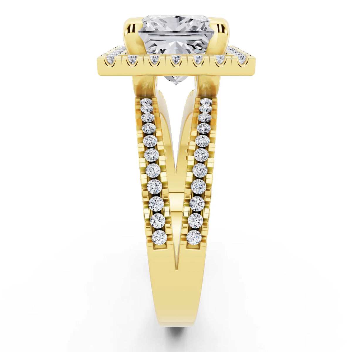 18 KT Yellow Gold Princess Cut Diamond Halo Ring with Pave Split Shank - side view
