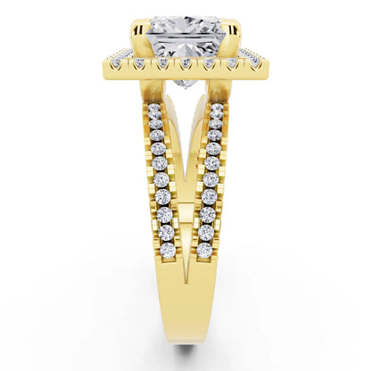 18 KT Yellow Gold Princess Cut Diamond Halo Ring with Pave Split Shank - side view