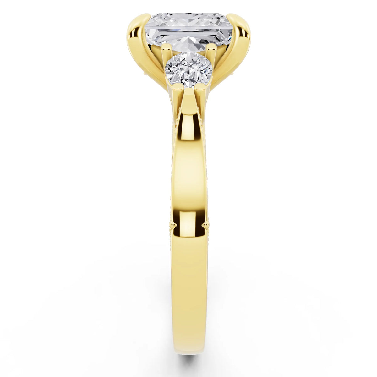 18 KT Yellow Gold Princess Cut Diamond Three Stone Pear Accent Vintage Pave Ring - side view