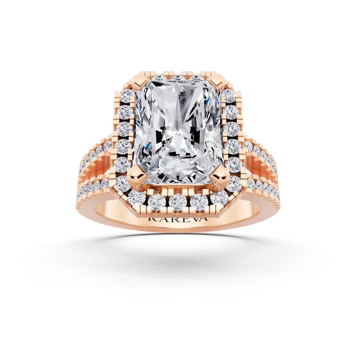 14 KT Rose Gold Radiant Cut Diamond Halo Ring with Pave Split Shank - front view