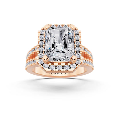 14 KT Rose Gold Radiant Cut Diamond Halo Ring with Pave Split Shank - front view