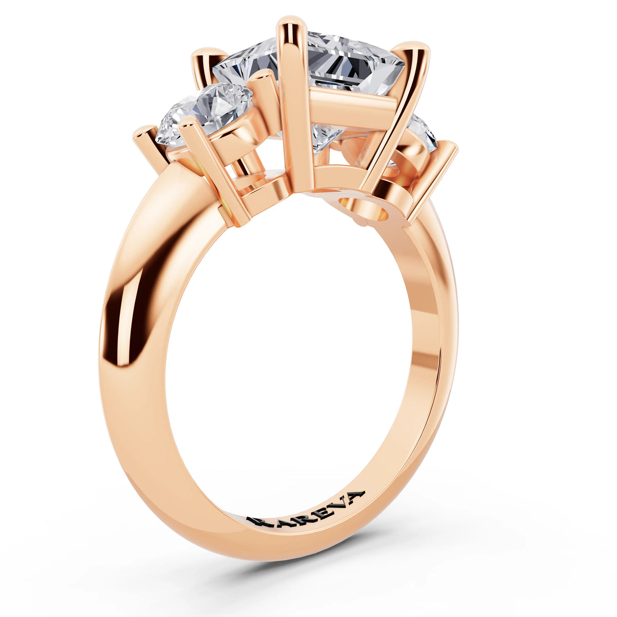 14 KT Rose Gold Princess Cut Diamond Three Stone Ring with Round Accents - top view