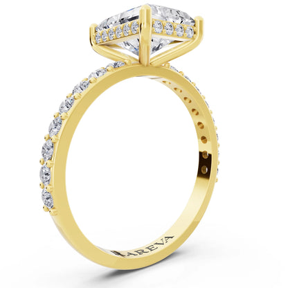 18 KT Yellow Gold Radiant Cut Diamond Solitaire Ring with Hidden Halo and Pave Band - top view