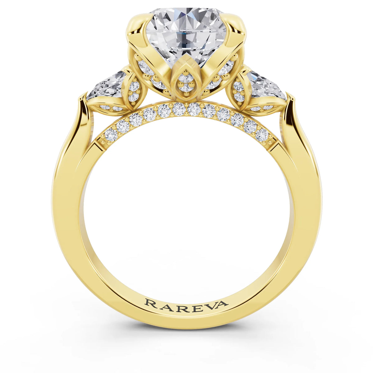 14 KT Yellow Gold Round Cut Diamond Cluster Engagement Ring with Pear Accents and Pavé Band - through finger