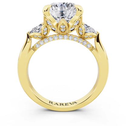 14 KT Yellow Gold Round Cut Diamond Cluster Engagement Ring with Pear Accents and Pavé Band - through finger