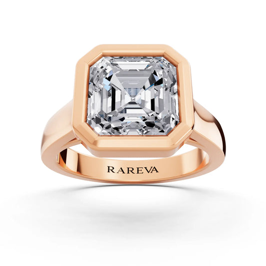 18 KT Rose Gold Asscher Cut Diamond Bezel Set Solitaire Ring - top angle