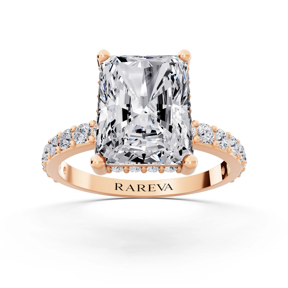 18 KT Rose Gold Radiant Cut Diamond Solitaire Ring with Hidden Halo and Pave Band - front view
