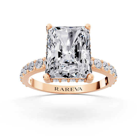 18 KT Rose Gold Radiant Cut Diamond Solitaire Ring with Hidden Halo and Pave Band - front view