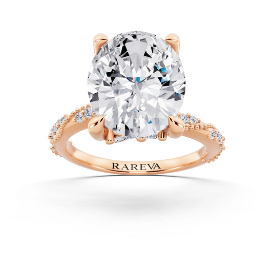 14 KT Rose Gold Oval Cut Diamond Ring with Marquise Accent - front view