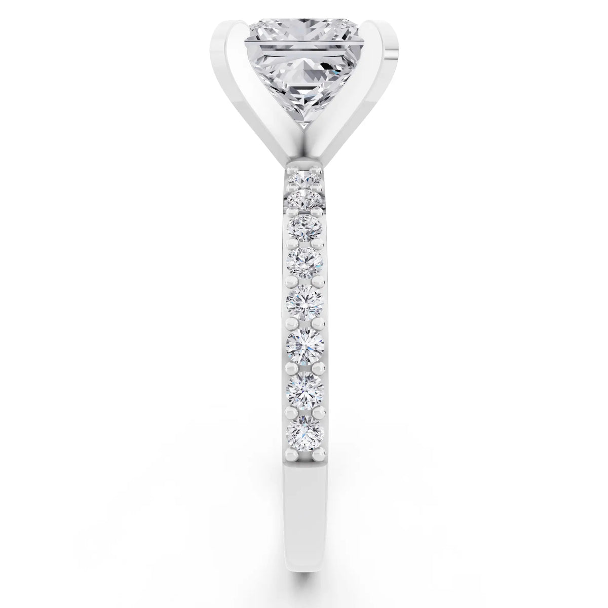 14 KT White Gold Princess Cut Diamond Solitaire Ring with Pave Shank - side view