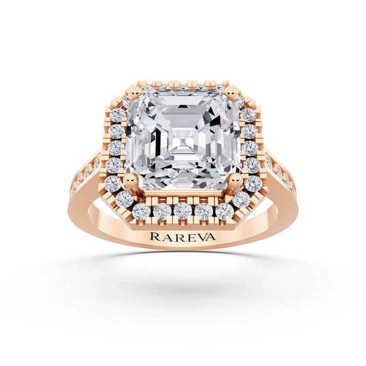 14 KT Rose Gold Asscher Cut Diamond Halo Ring with Bezel Accent Band - front view