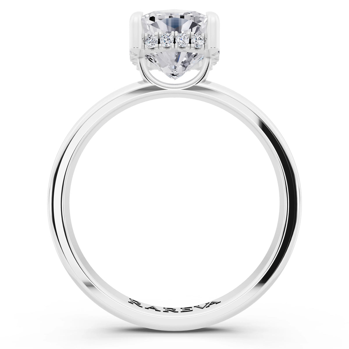 18 KT White Gold Cushion Cut Diamond Solitaire Ring with Hidden Halo - front view