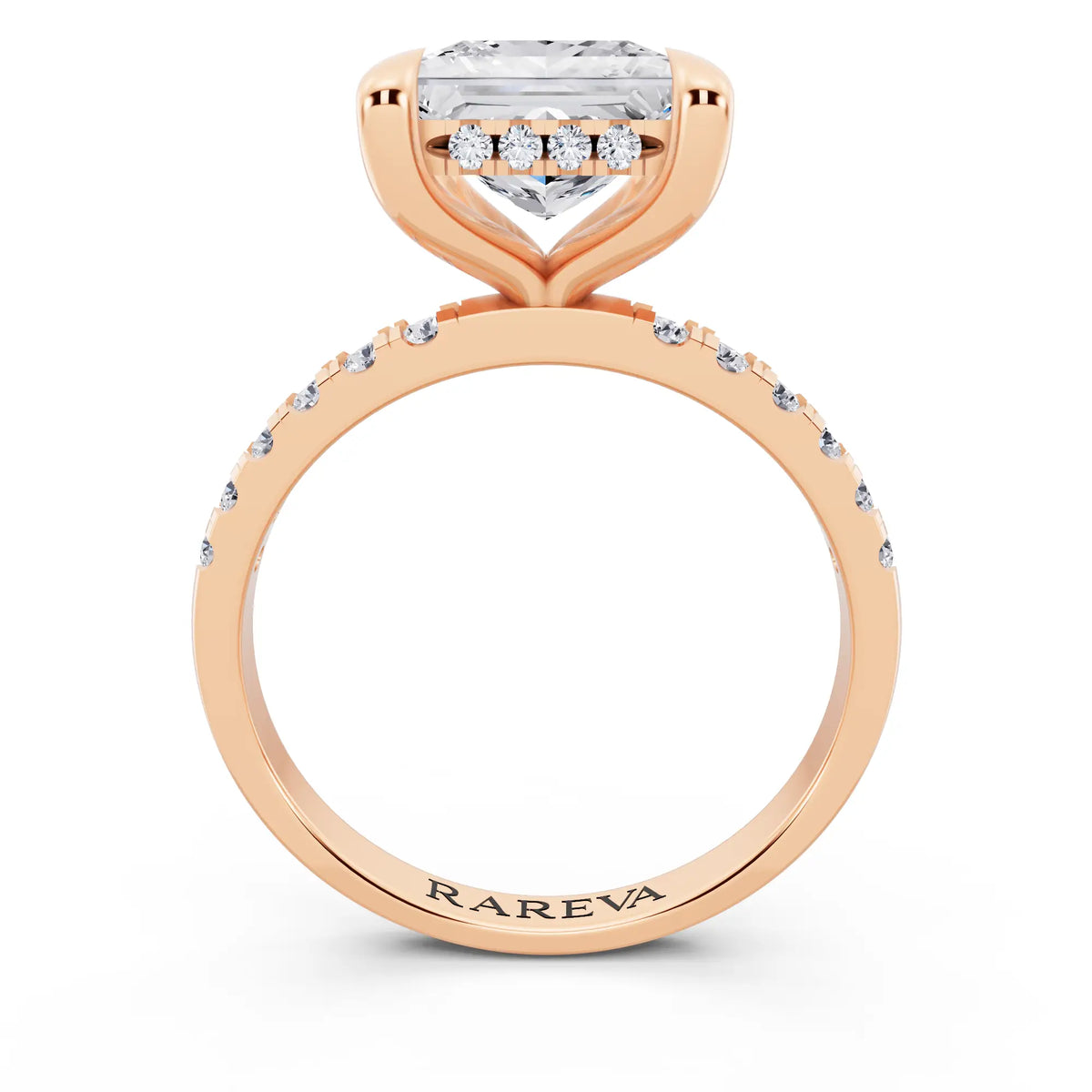 18 KT Rose Gold Princess Cut Diamond Solitaire Ring with Round Pavé Band and Prong Setting - through finger