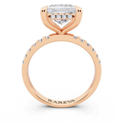 18 KT Rose Gold Princess Cut Diamond Solitaire Ring with Round Pavé Band and Prong Setting - through finger