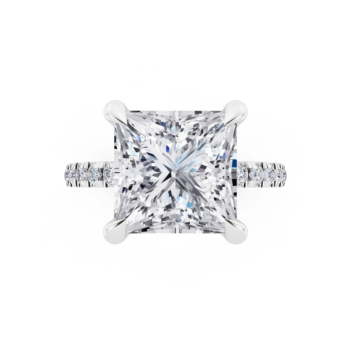 14 KT White Gold Princess Cut Diamond Solitaire Ring with Round Pavé Band and Prong Setting - top angle