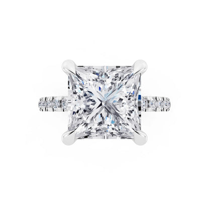 14 KT White Gold Princess Cut Diamond Solitaire Ring with Round Pavé Band and Prong Setting - top angle