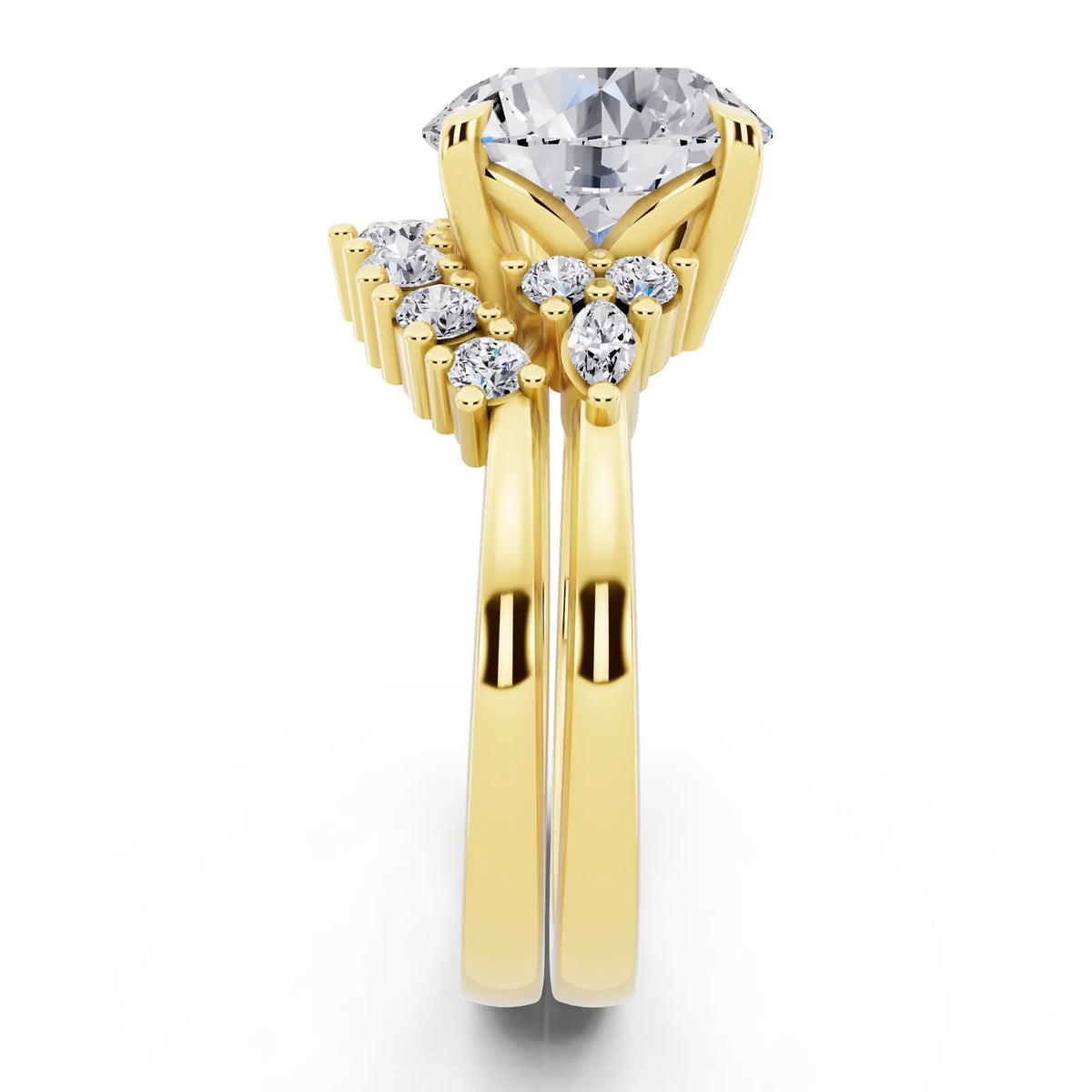 18 KT Yellow Gold Round Cut Diamond Ring with Curved Cluster Band - side view