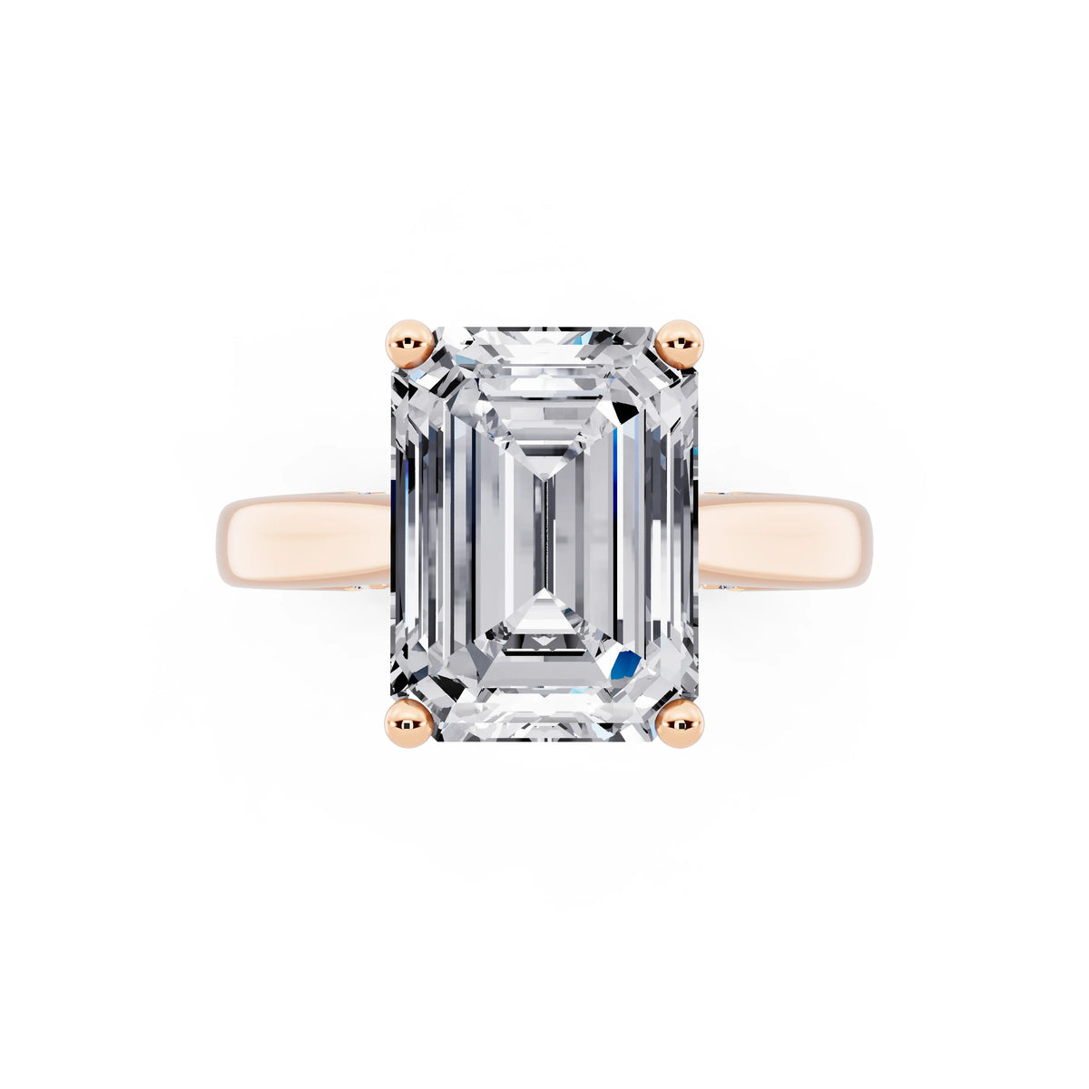 18 KT Rose Gold Emerald Cut Diamond Solitaire Ring with Hidden Accent - top angle