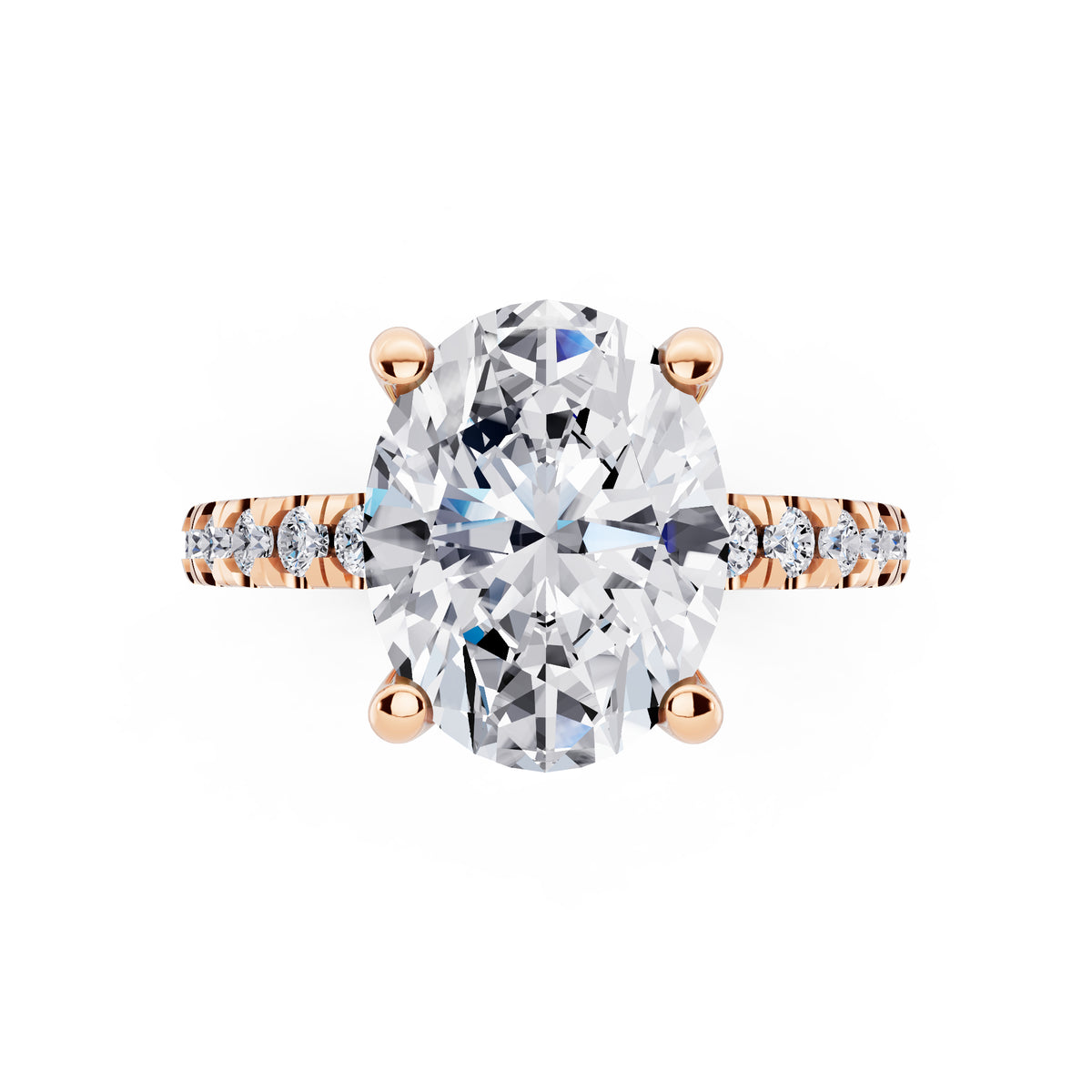 18 KT Rose Gold Oval Cut Diamond Hidden Halo Ring with Pave Shank - top angle