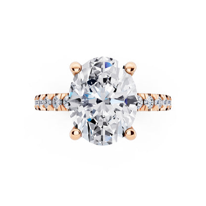 18 KT Rose Gold Oval Cut Diamond Hidden Halo Ring with Pave Shank - top angle