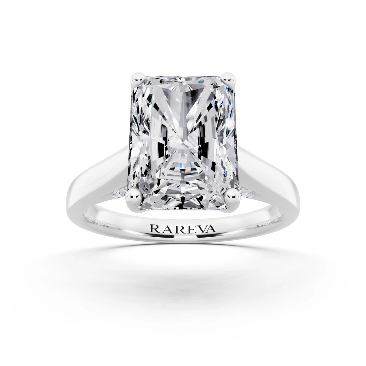 18 KT White Gold Radiant Cut Diamond Solitaire Ring with Hidden Accent - front view