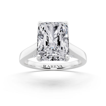 18 KT White Gold Radiant Cut Diamond Solitaire Ring with Hidden Accent - front view