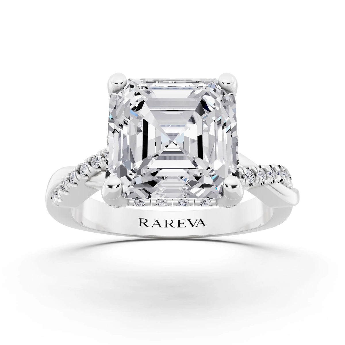 18 KT White Gold Asscher Cut Diamond Hidden Halo Ring with Twisted Pave Band - front view