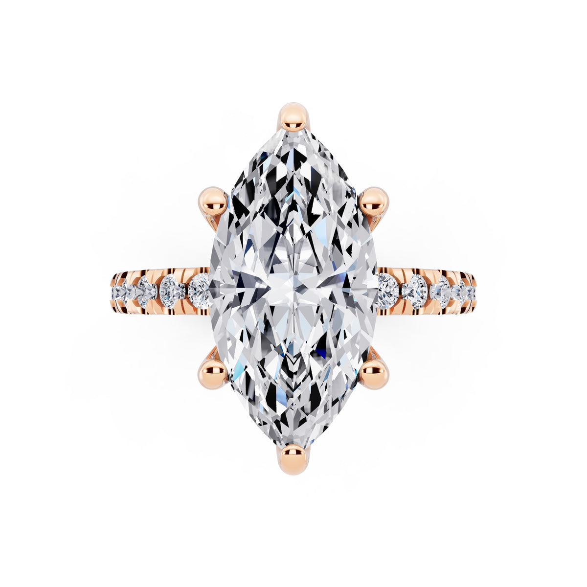18 KT Rose Gold Marquise Cut Diamond Hidden Halo Ring with Pave Shank - top angle