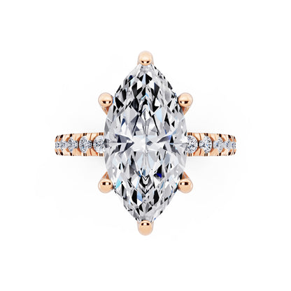 18 KT Rose Gold Marquise Cut Diamond Hidden Halo Ring with Pave Shank - top angle